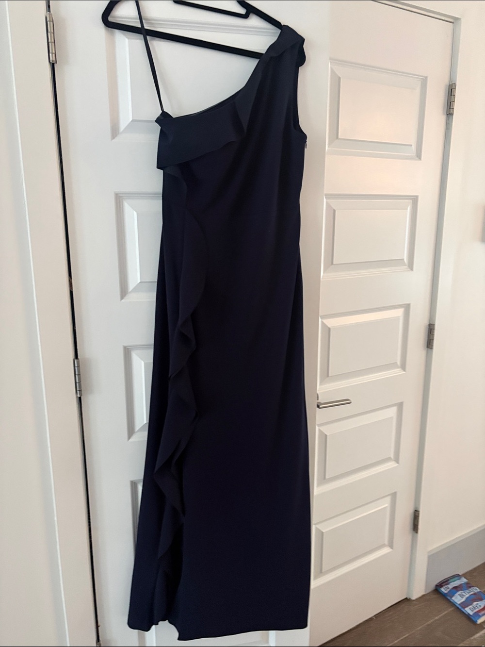 Calvin Klein One-Shoulder Navy Ruffle Gown